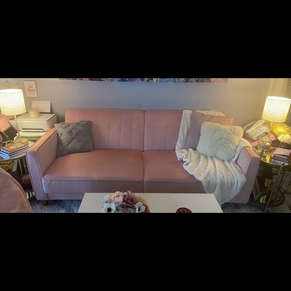 Beautiful blush pink velvet futon sofa.